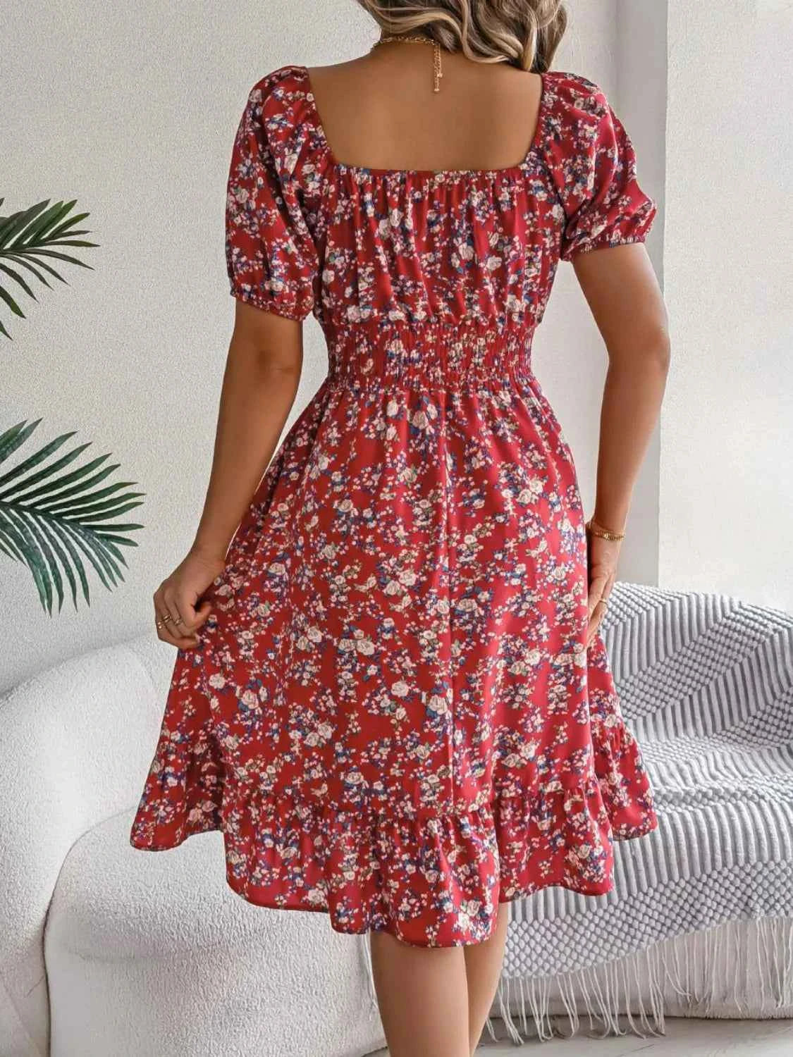 Ruffled Hem Floral Puff Sleeve Dress