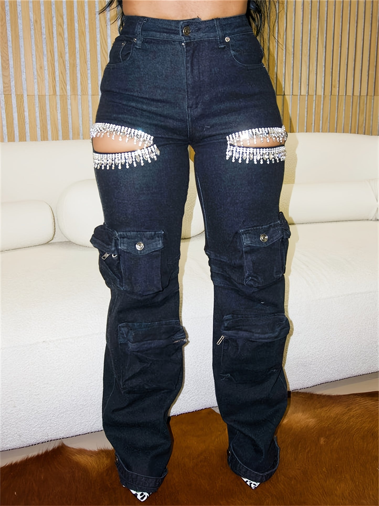 High-Rise Rhinestone-Embellished Women's Cargo Jeans |