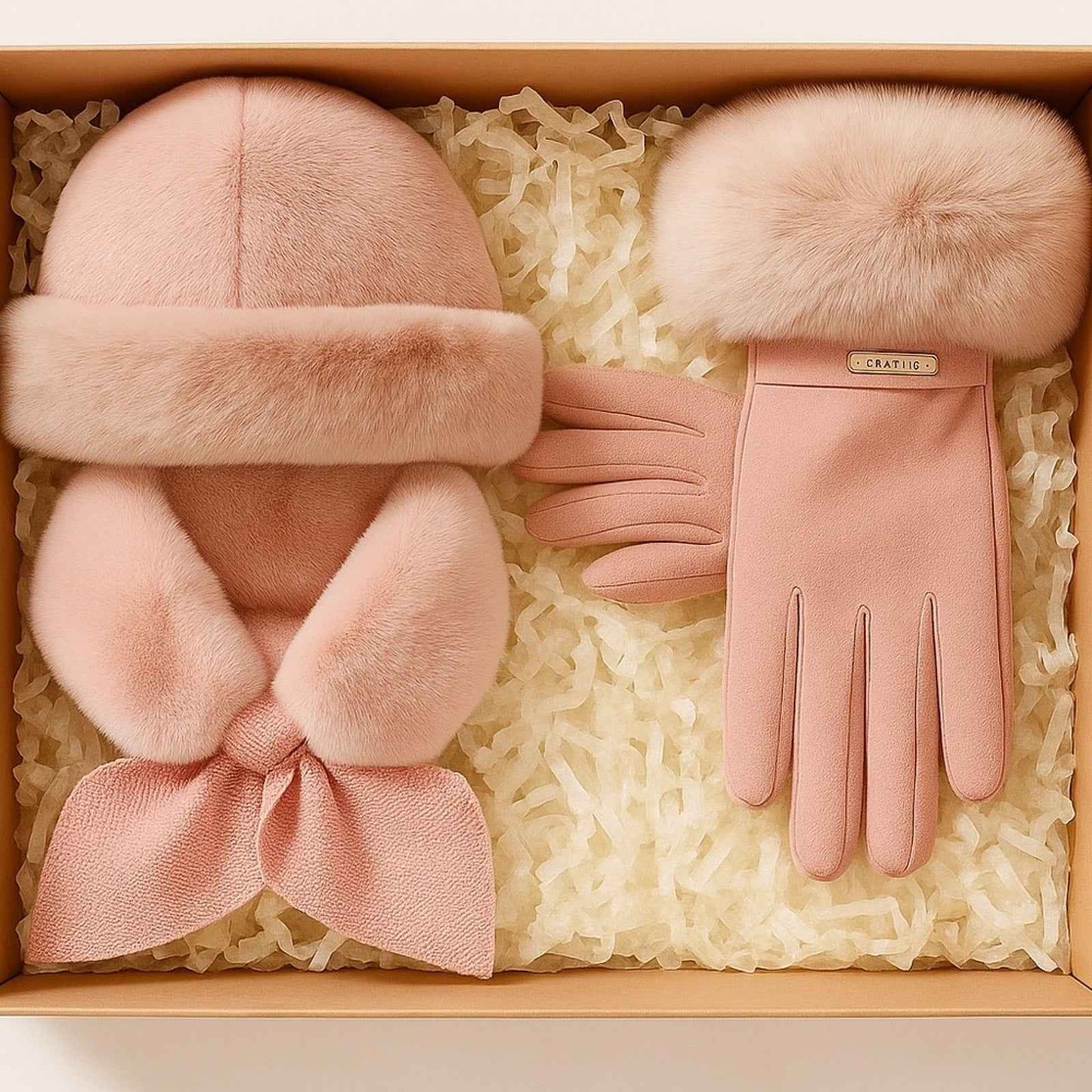 Blush Pink Faux Fur 3-Piece Winter Set – Hat, Wrap Scarf & Gloves