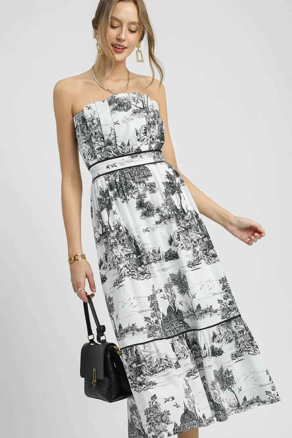 Umgee Printed Tiered Tube Midi Dress