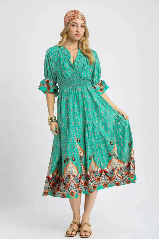 Umgee Printed Smocked Waist Flounce Sleeve Midi Dress