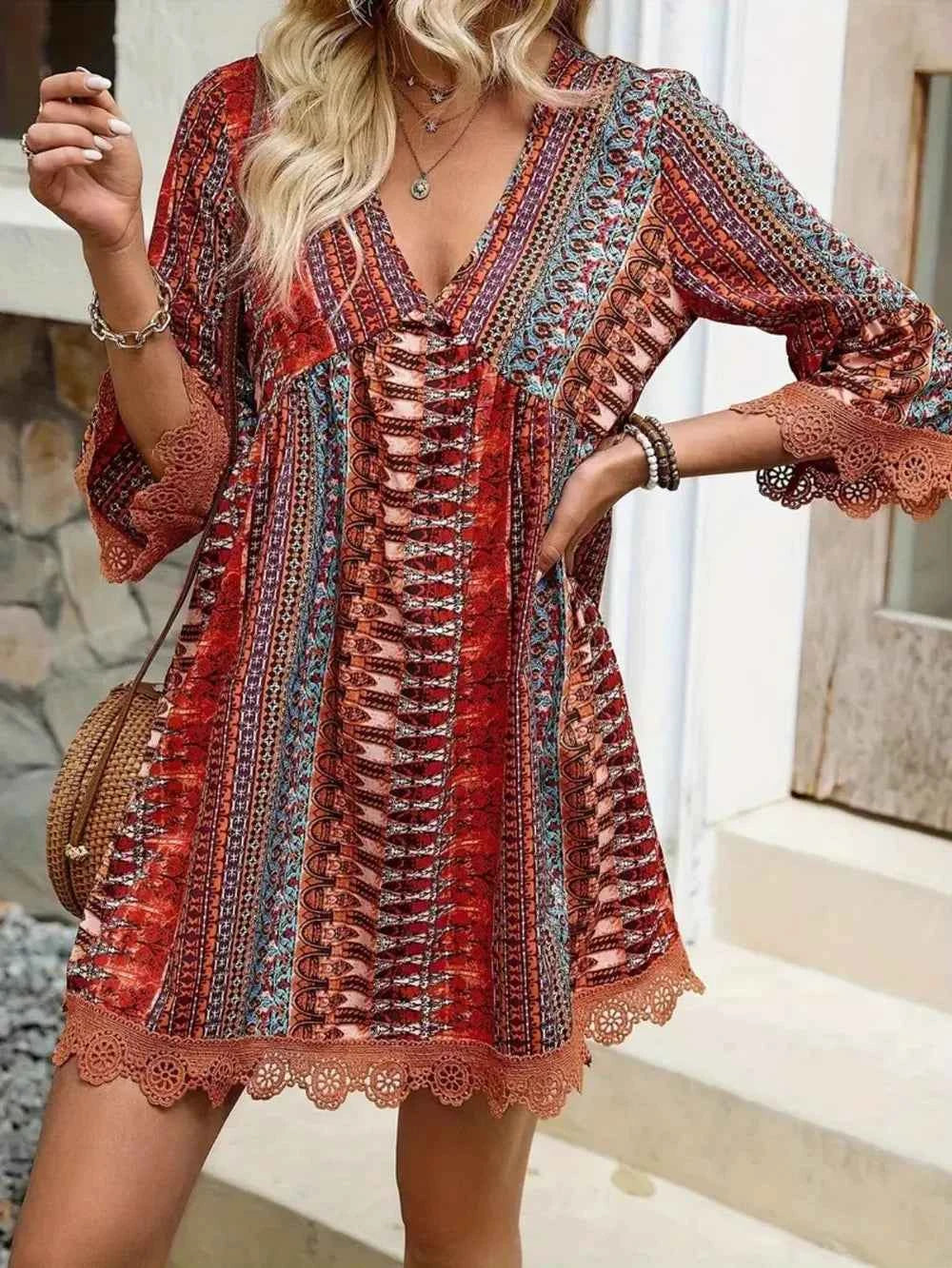 Lace Trim Printed V-Neck 3/4 Sleeve Dress