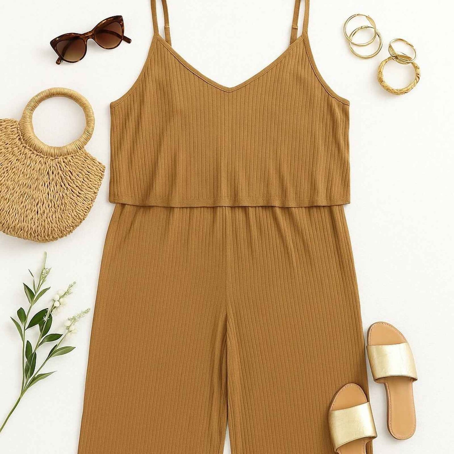 Plus Size Deep Camel Ribbed Wide-Leg Jumpsuit – Sleeveless & Relaxed Fit