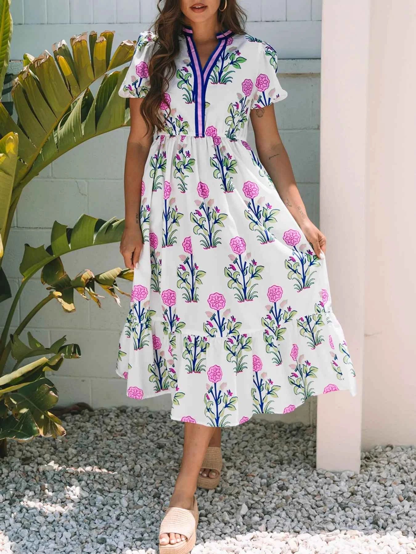 Printed Short Sleeve Midi Dress with Pockets