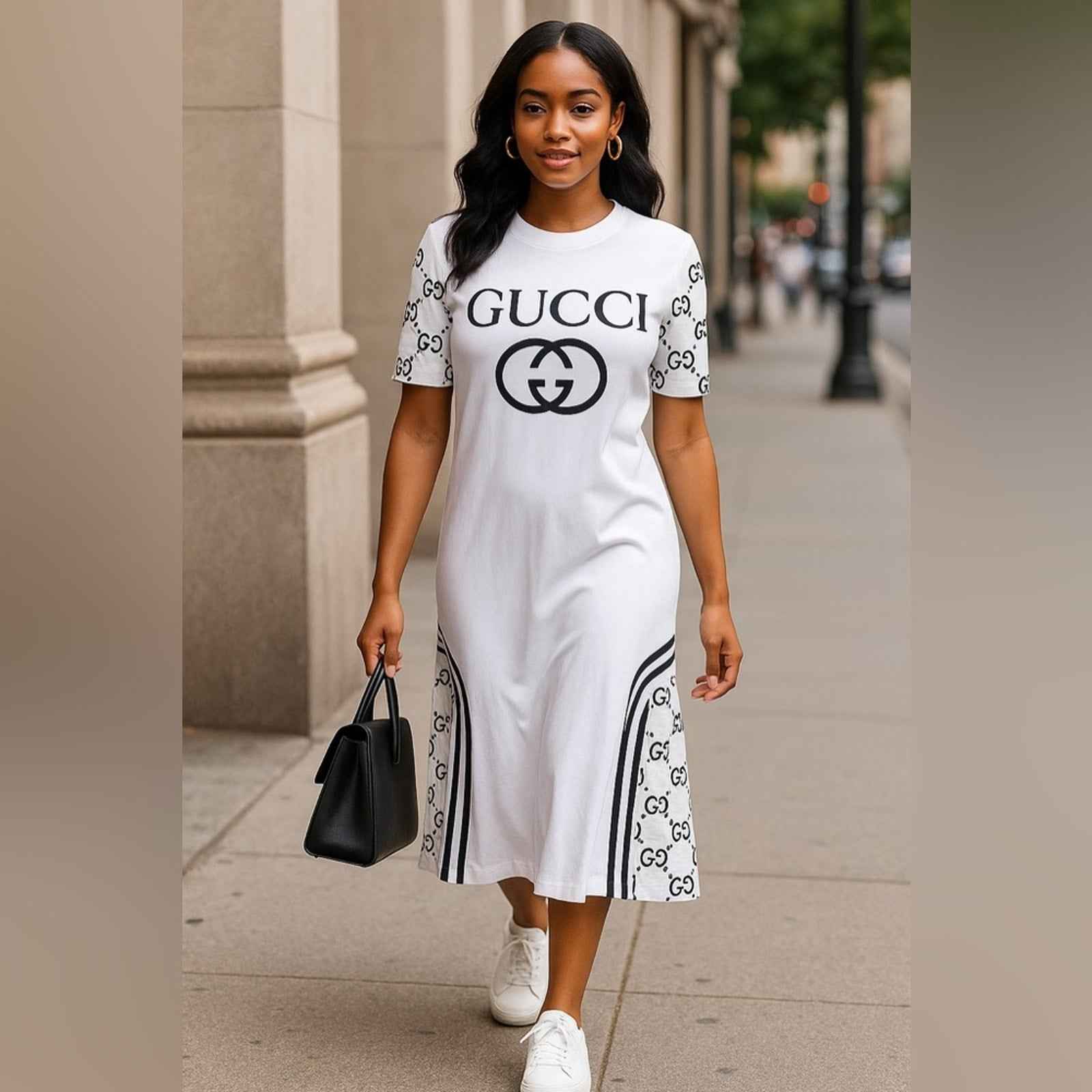 Designer-Inspired Black T-Shirt Dress | Stripe Detail Midi Dress Designer-Inspired Black T-Shirt Dress | Stripe Detail Midi Dress