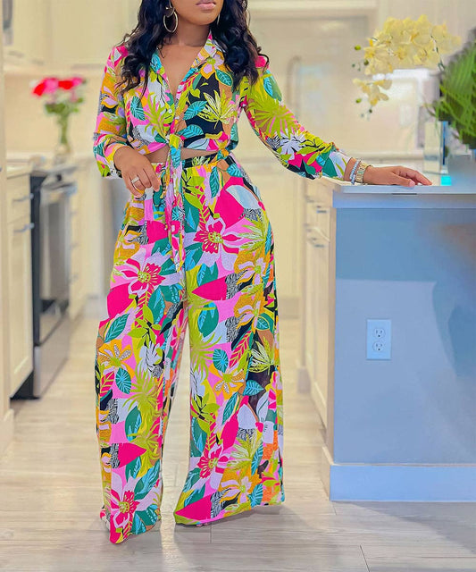 Vibrant Printed Two-Piece Lapel Lace-Up Shirt Wide-Leg Pant Suit