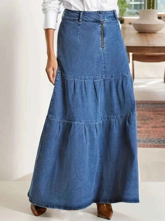 Tiered Maxi Denim Skirt with Zipper Detail