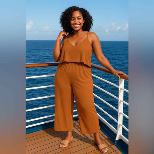 Plus Size Deep Camel Ribbed Wide-Leg Jumpsuit – Sleeveless & Relaxed Fit
