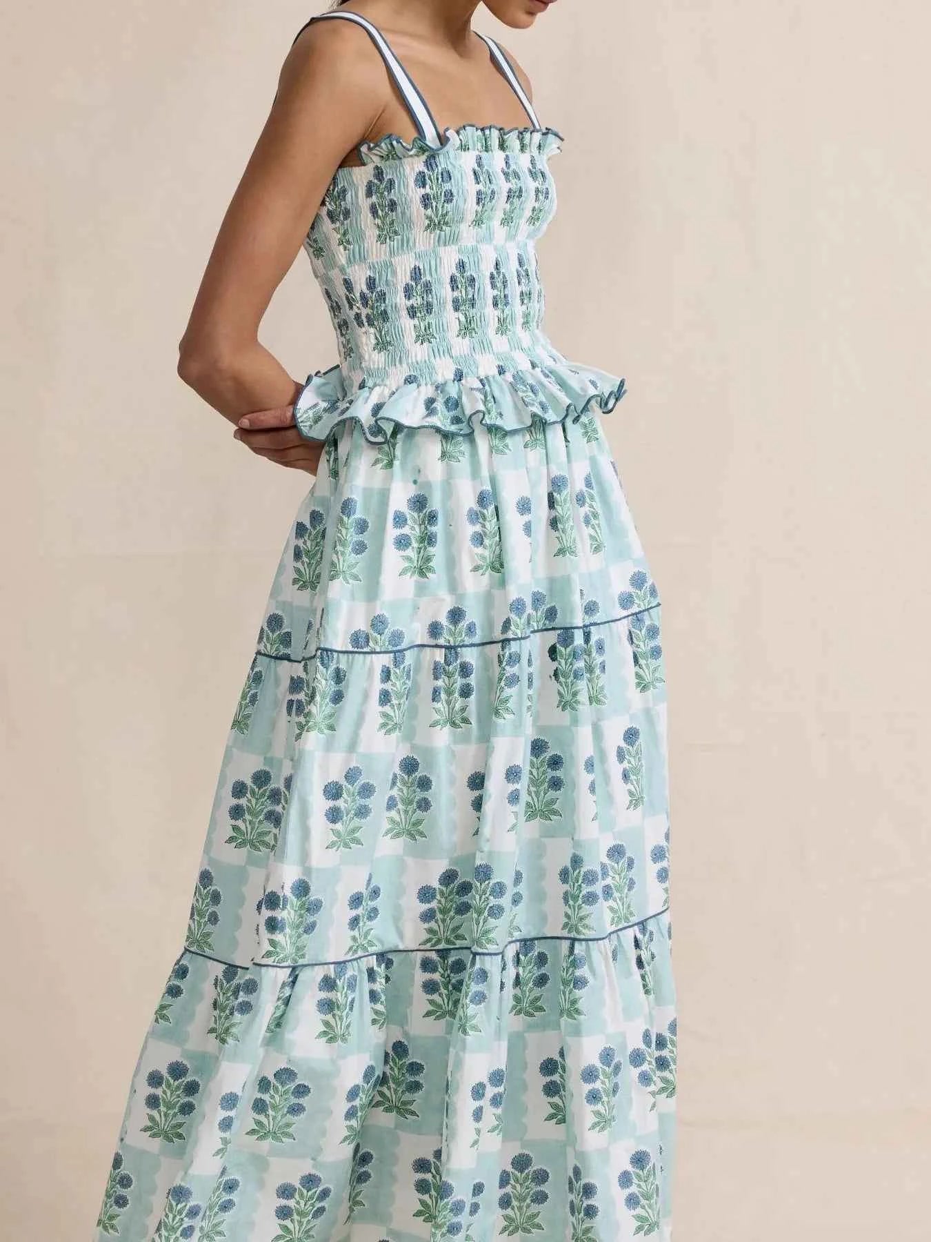 Smocked Ruffled Square Neck Maxi Dress