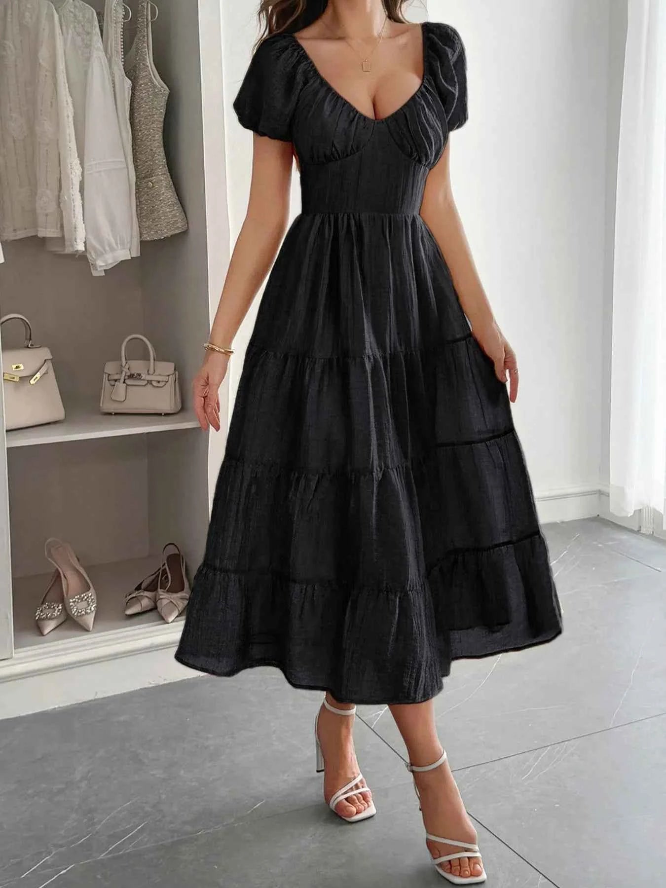 Backless Tiered Puff Sleeve Midi Dress