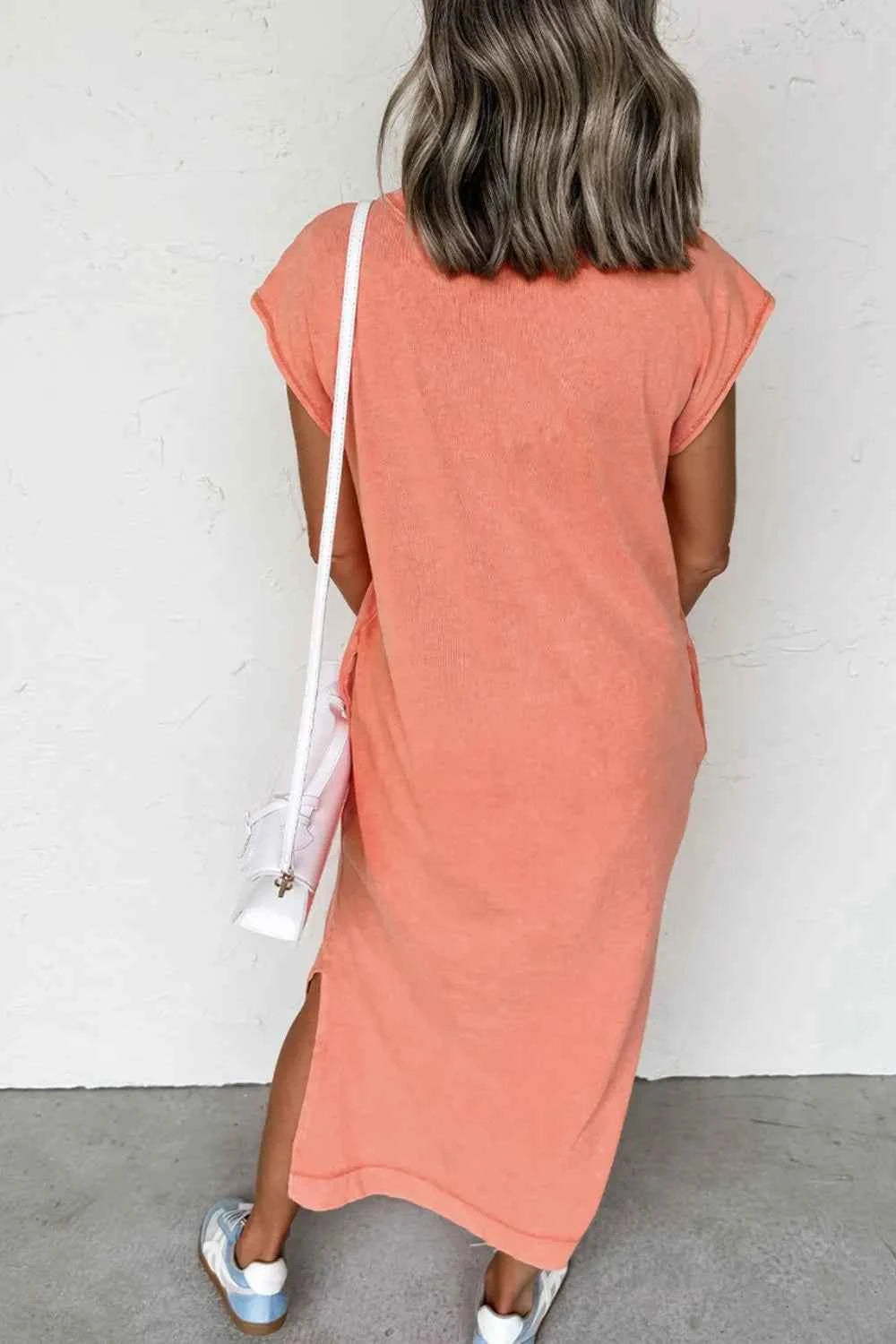 Side Split Round Neck Cap Sleeve T-Shirt Dress
