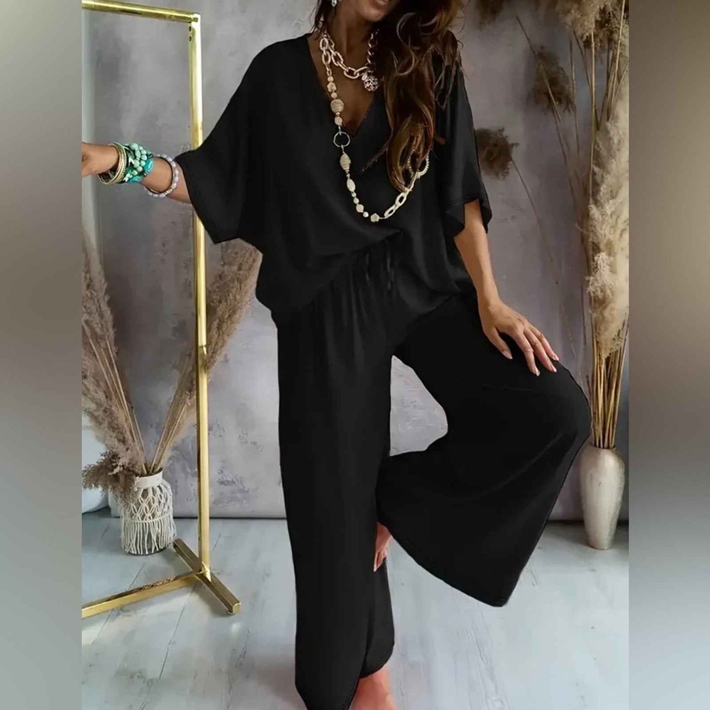 Chic White Lounge Set – Flowy V-Neck Top & Wide-Leg Pants for All White Party