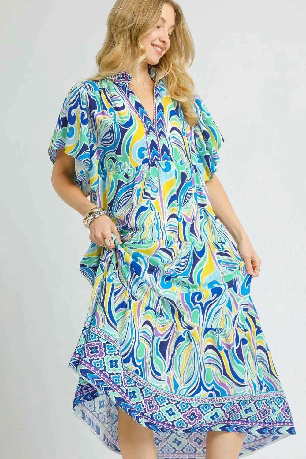 Umgee Printed Short Sleeve Tiered Midi Dress