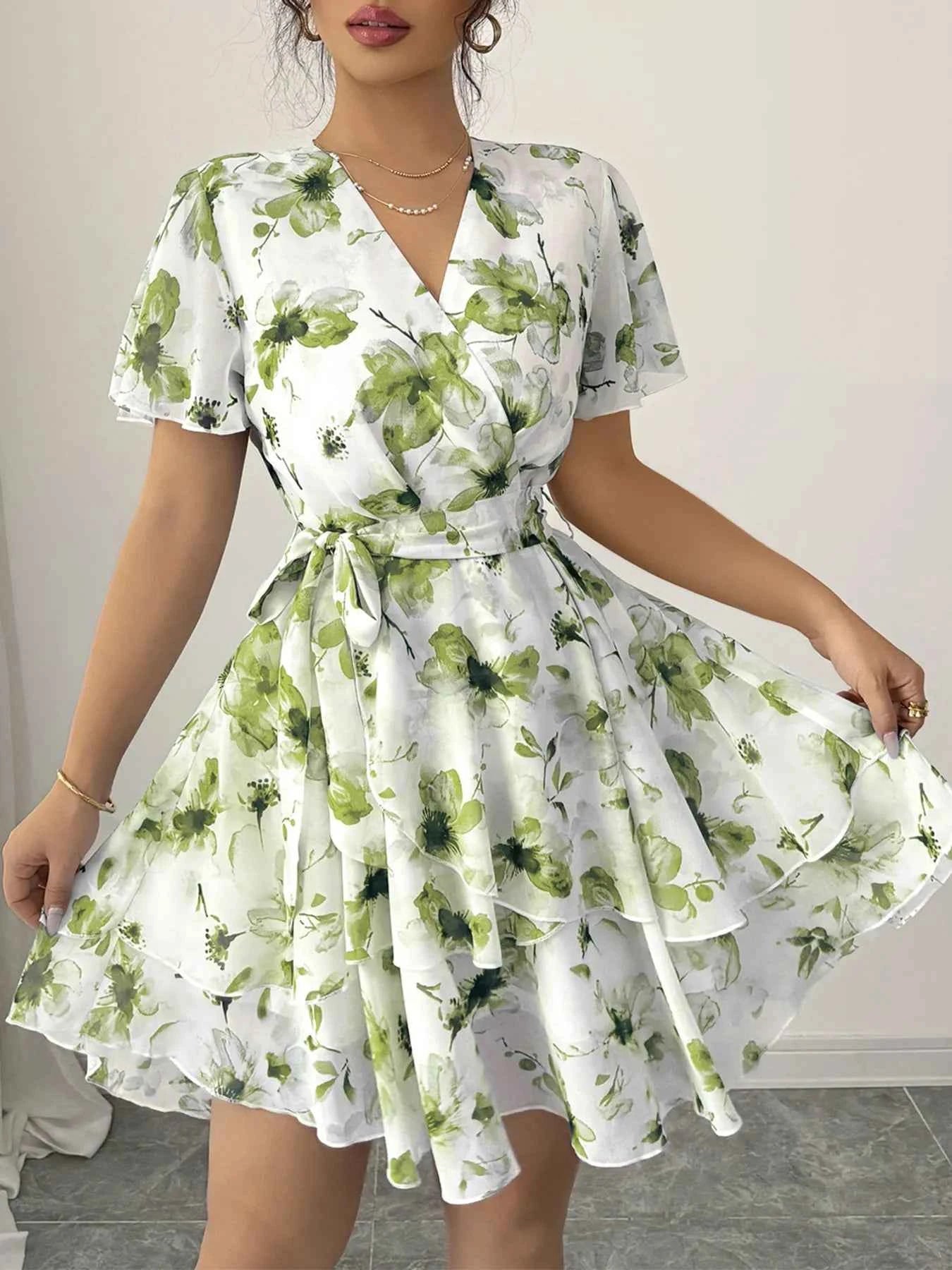 Printed Surplice Layered Mini Dress