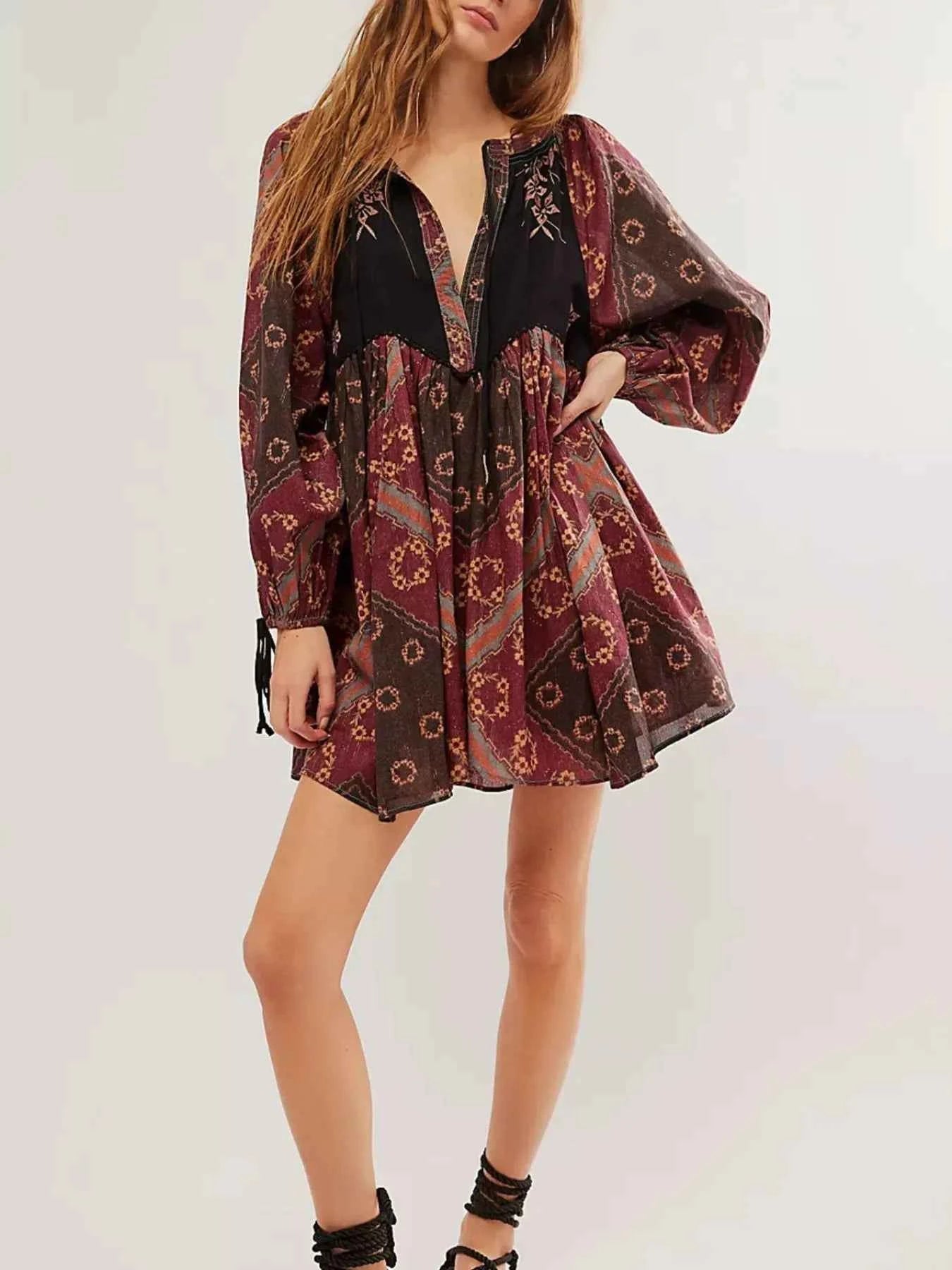 Printed Tie Neck Long Sleeve Dress