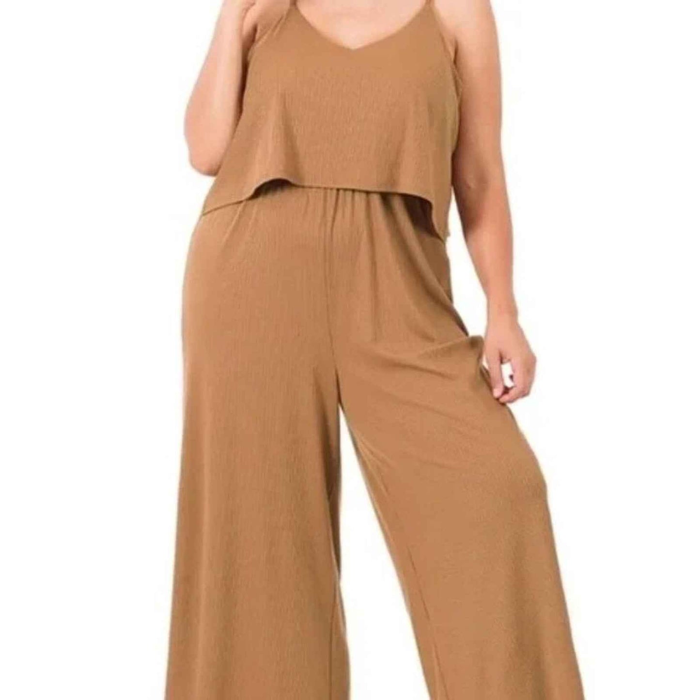 Plus Size Deep Camel Ribbed Wide-Leg Jumpsuit – Sleeveless & Relaxed Fit