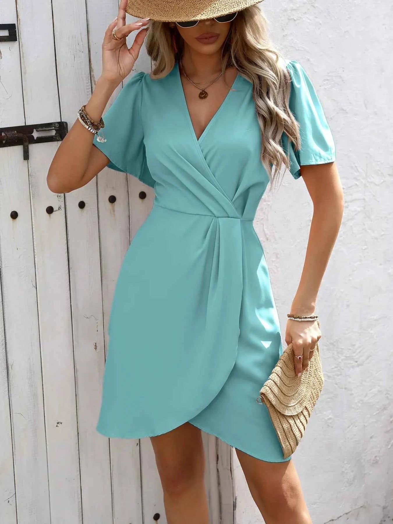Surplice Short Sleeve Mini Dress