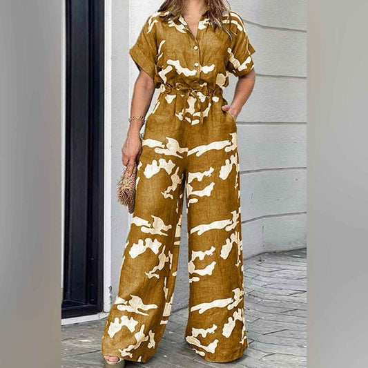 Apricot and White Abstract Jumpsuit with Flowing Wide-Leg Fit XL-5XL