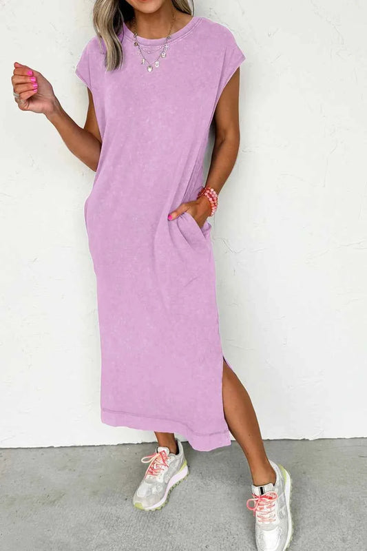 Side Split Round Neck Cap Sleeve T-Shirt Dress