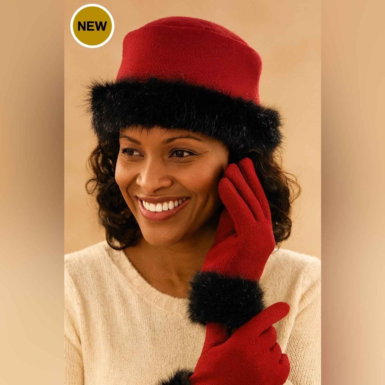 Elegant Churchwear Fleece Hat & Glove Set with Faux Fur Trim 