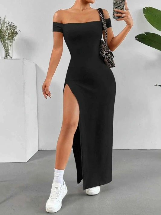 Off-Shoulder High Slit Bodycon Maxi Dress