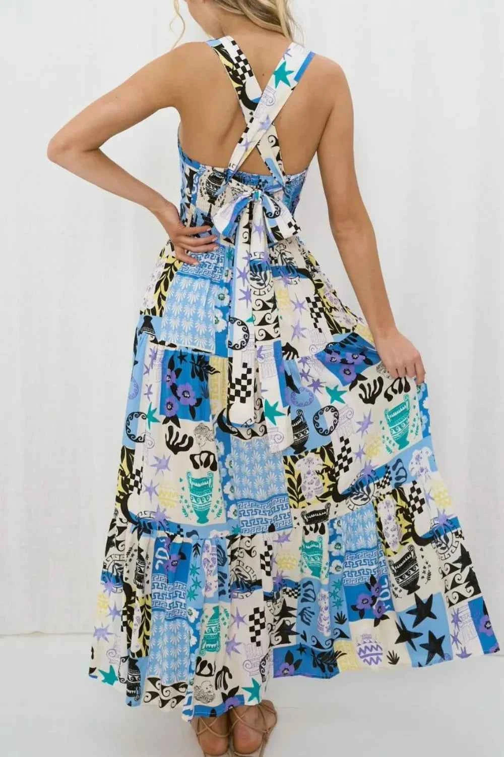 Printed Square Neck Wide Strap Maxi Dress