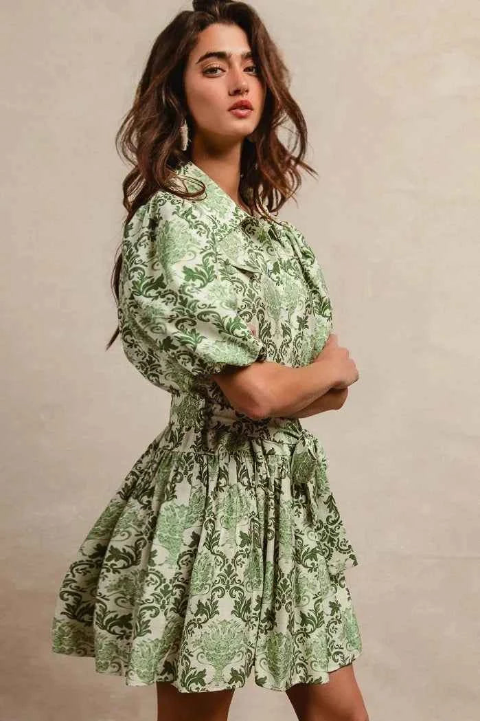 BiBi Tied Floral Short Sleeve Mini Shirt Dress