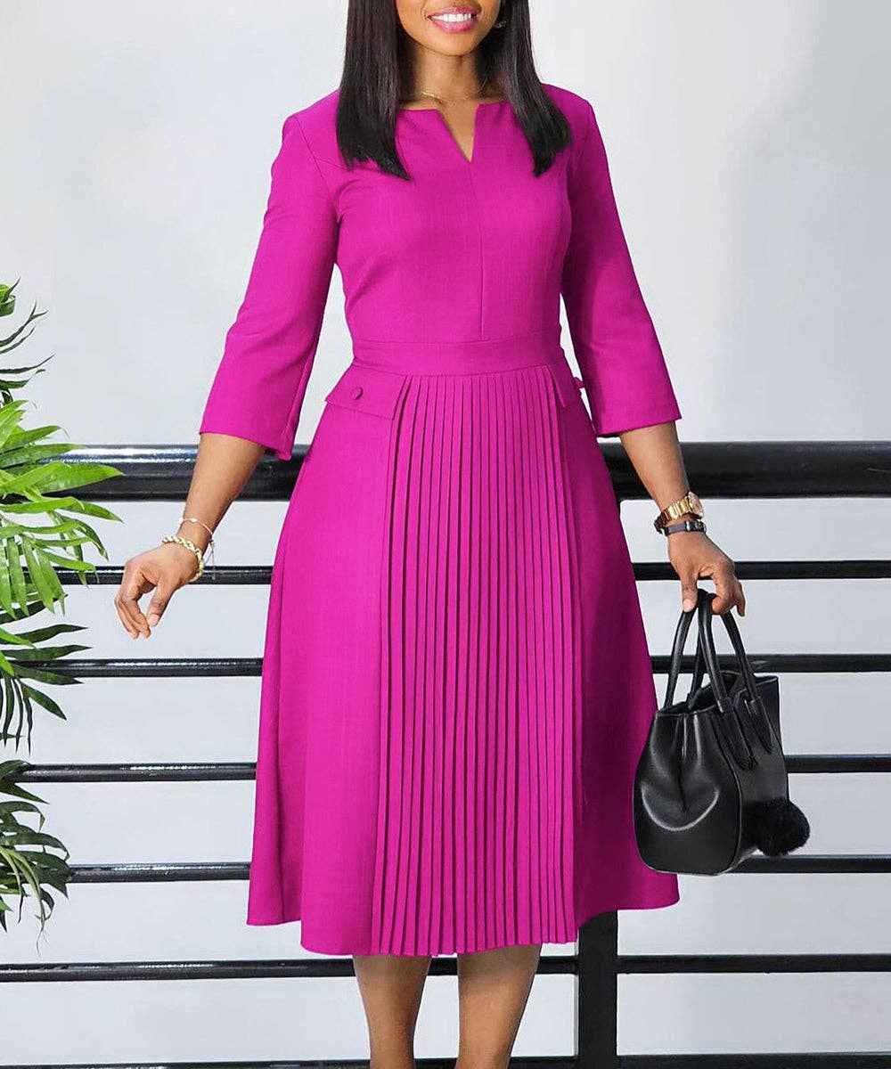 Solid Color Pleated Large Size Dress in Pink Deep Blue and Rose