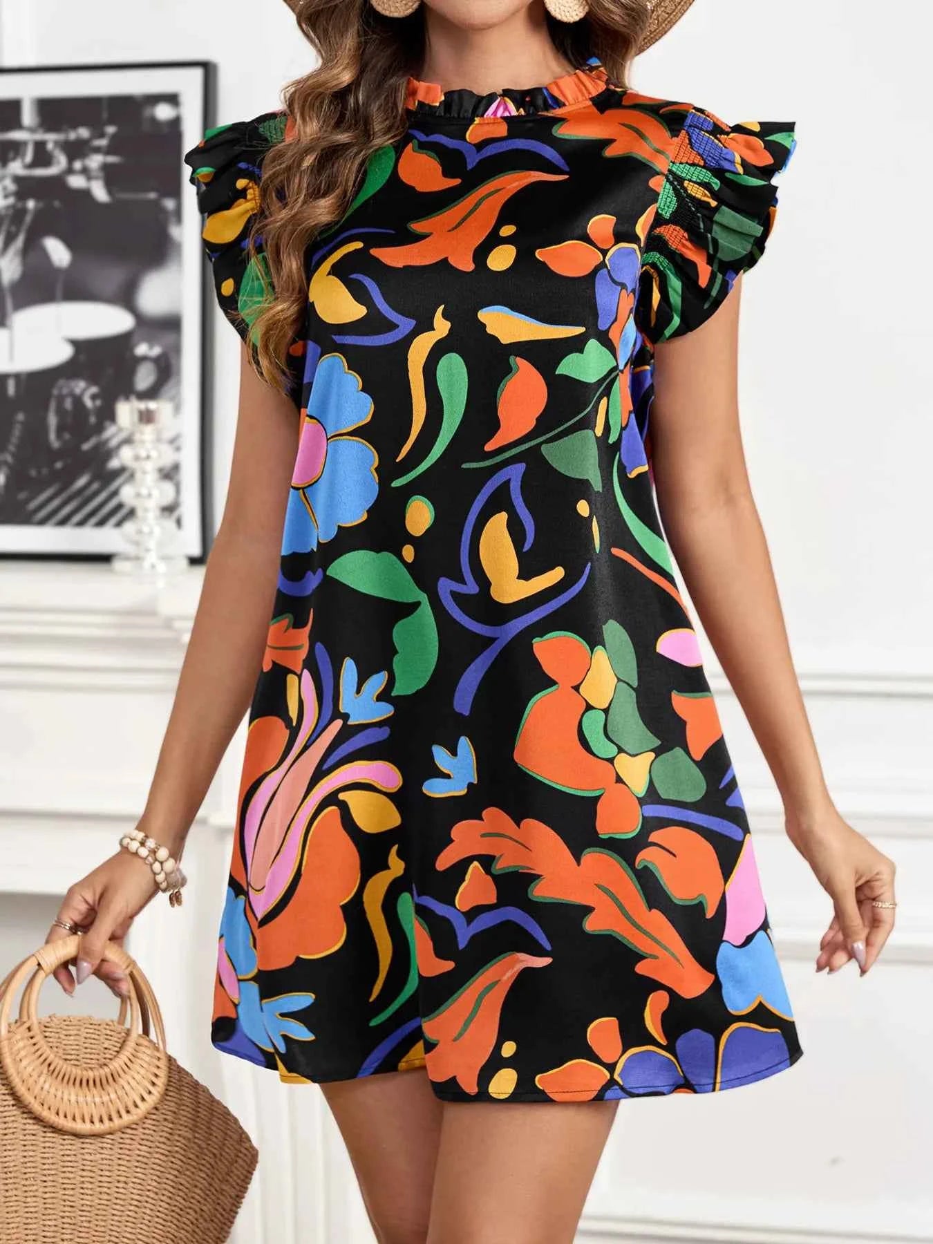 Printed Ruffle Sleeve Mini Dress