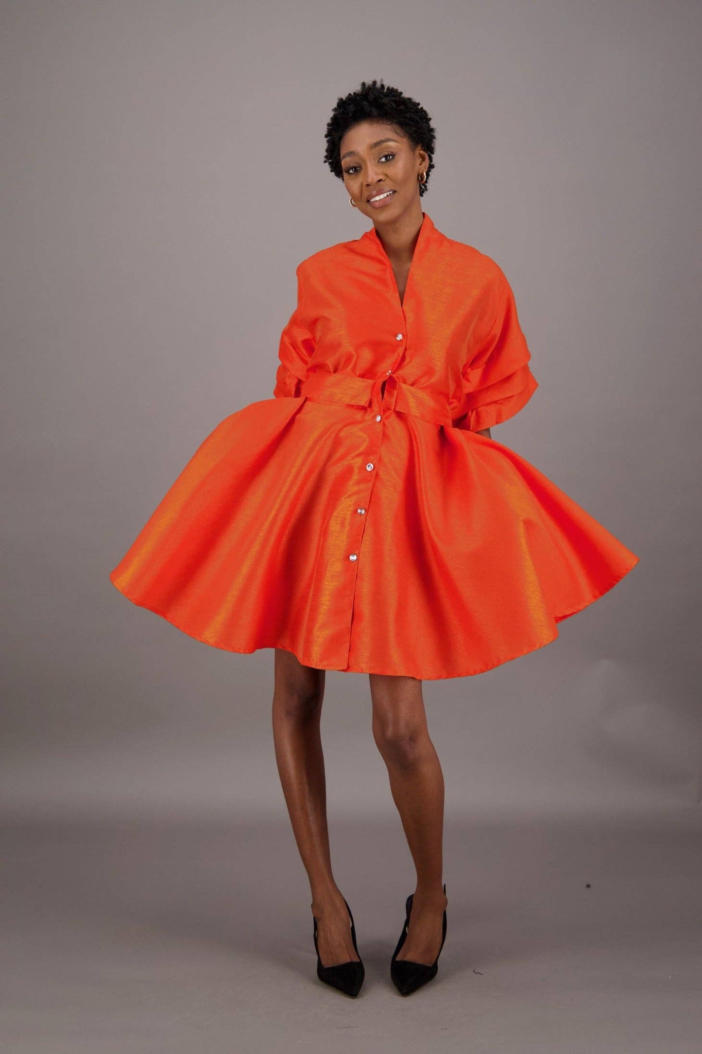 Black Satin Button-Up Flare Shirt Dress