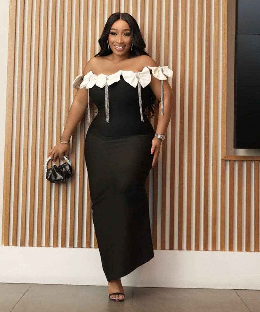 WHITE BOW BROOCH DRESS FOR GLAMOROUS AND SOPHISTICATED