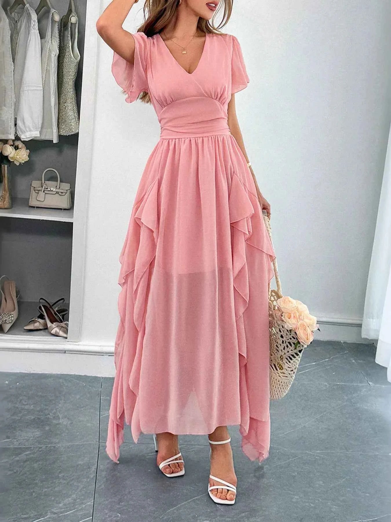 V-Neck Flutter Sleeve Dress