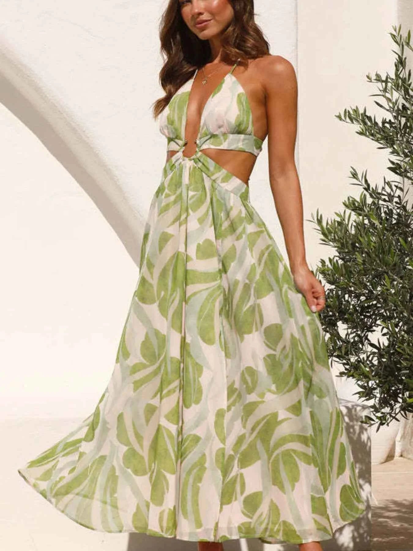 Tropical Print Backless Maxi Sleeveless Dress