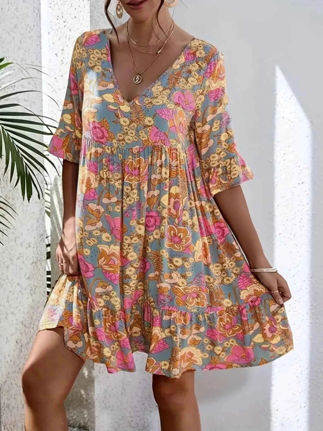 Printed V-Neck Tiered Dress