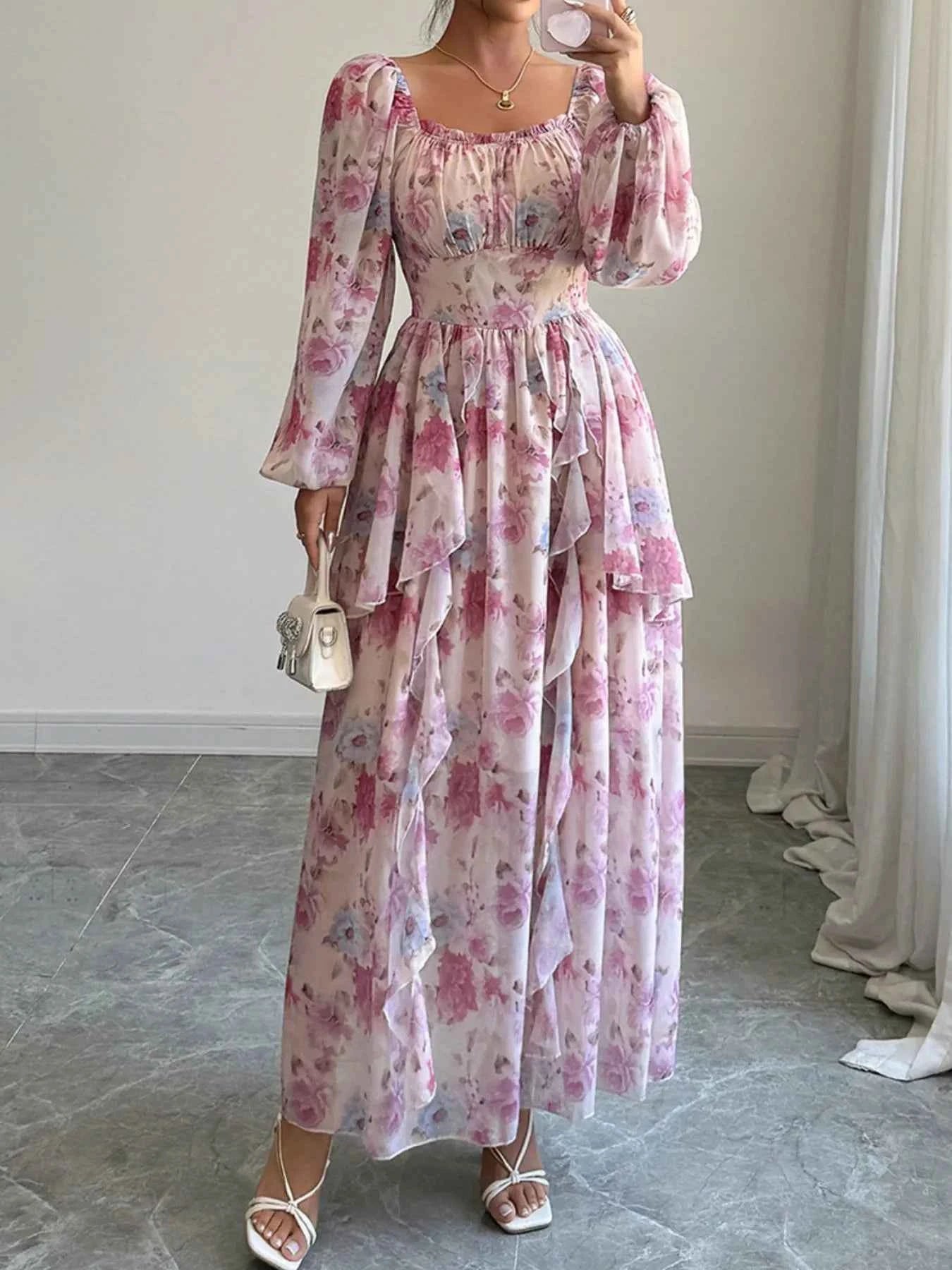 Ruffled Floral Print Balloon Sleeve Maxi Dress