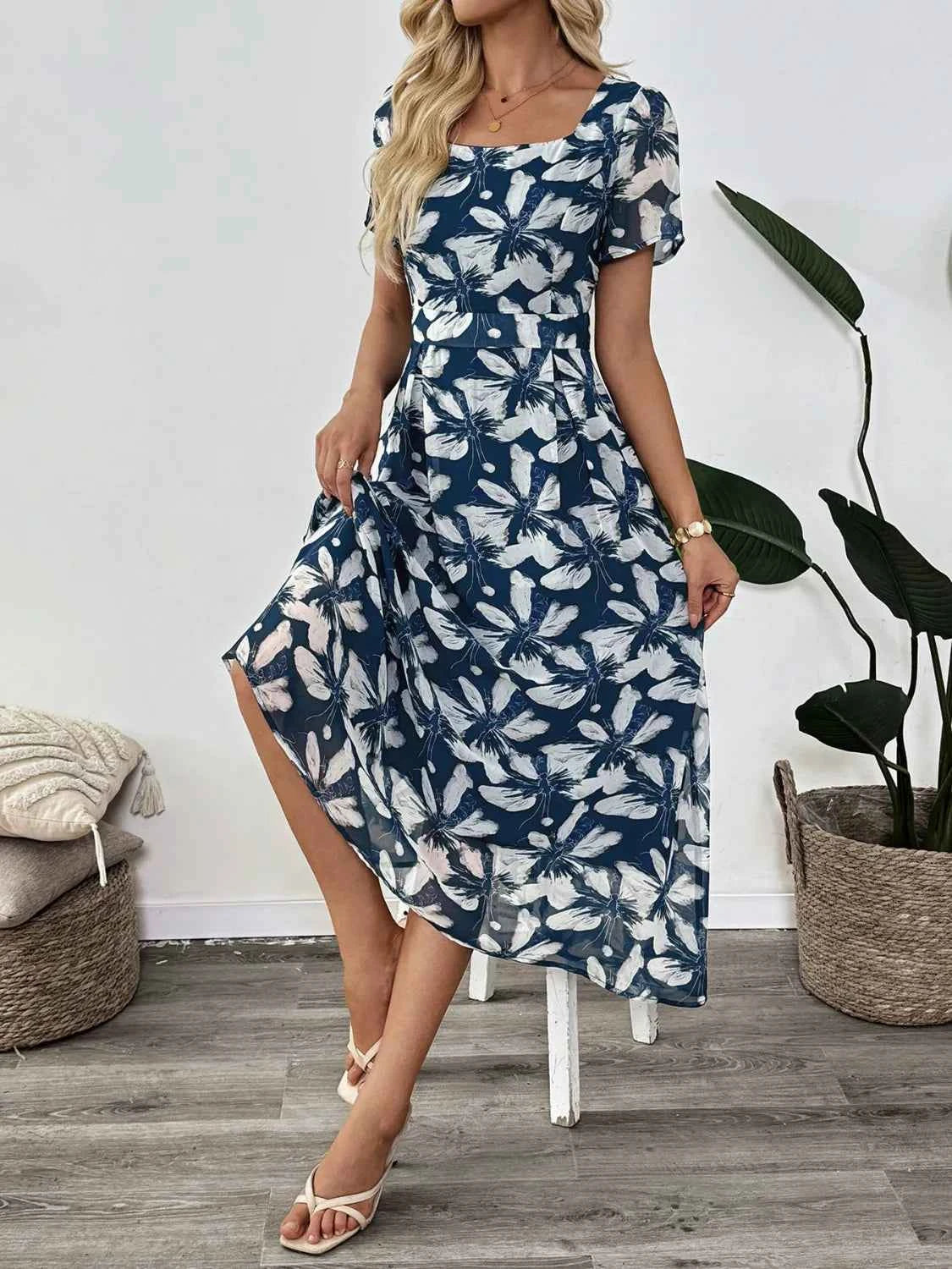Printed Square Neck Midi Dress