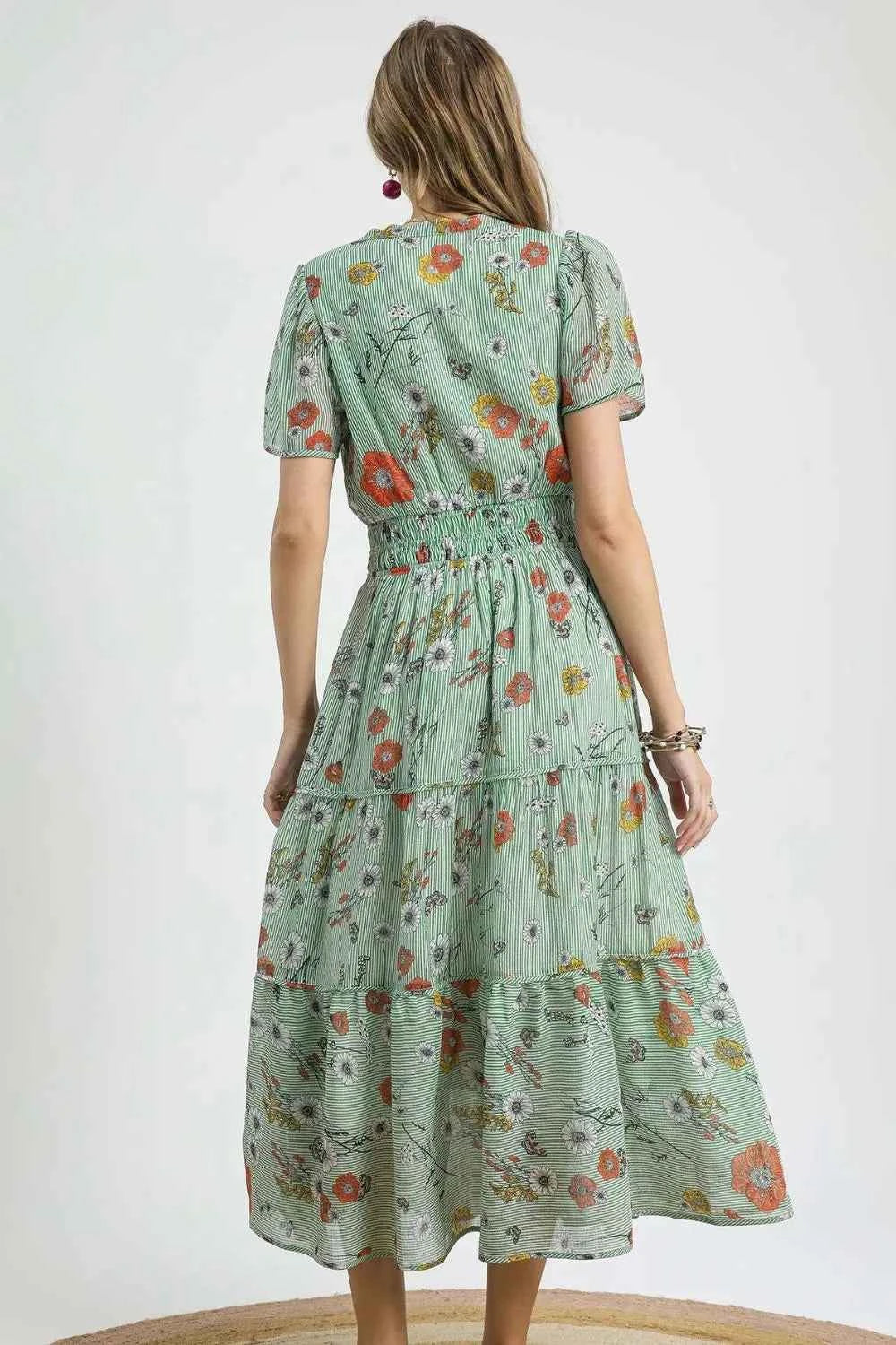 Umgee Smocked Waist Floral Short Sleeve Midi Dress