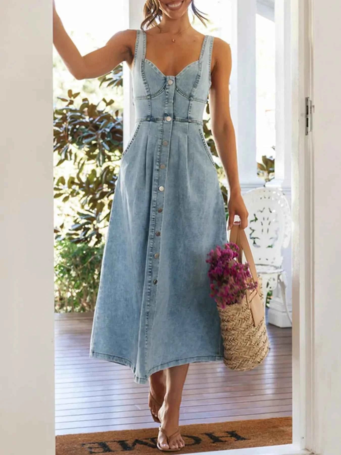 Sweetheart Neck Button-Front Midi Denim Dress