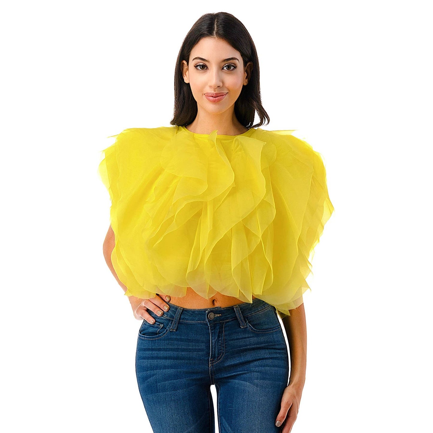 PLUS SIZE RUFFLE TULLE CROP TOP BLOUSE