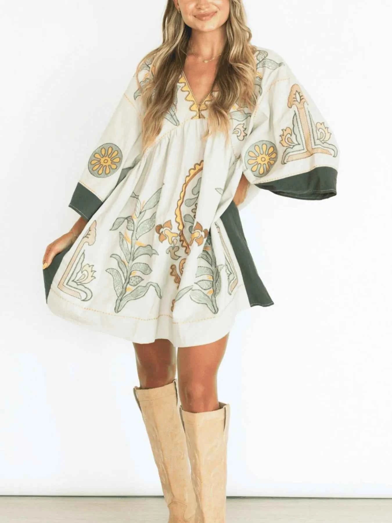 Printed V-Neck Kimono Sleeve Mini Dress