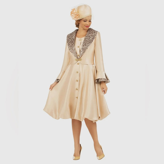 Giovanna Champagne A-Line 2pc Collar Coat Dress with Embellished Bell Sleeves