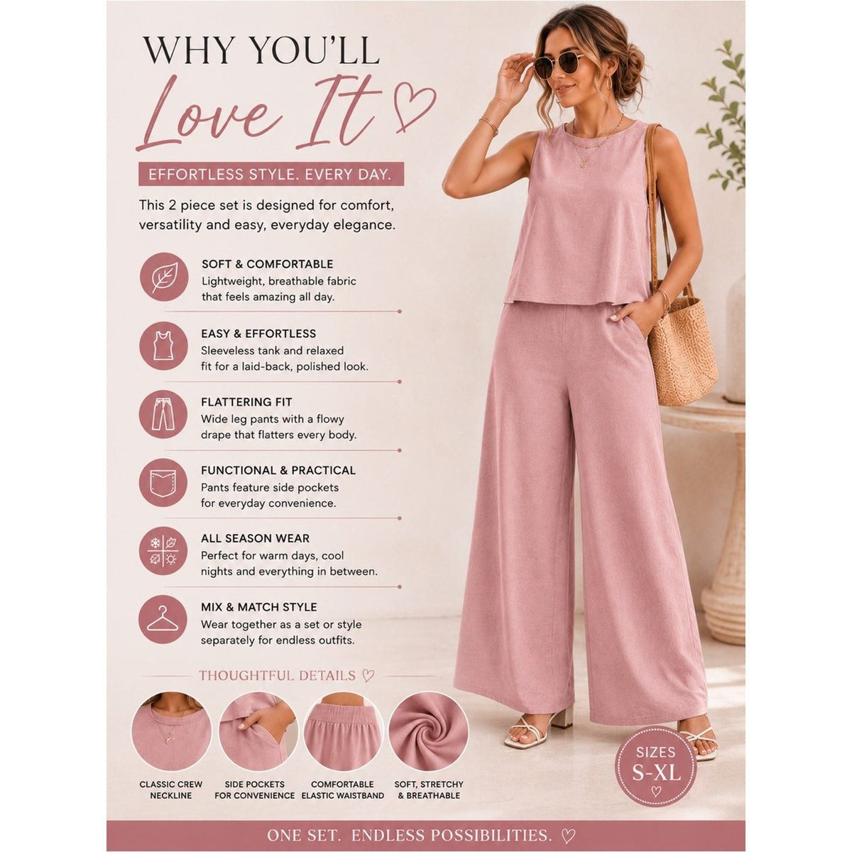 Dusty Rose Sleeveless Wide Leg Pants 2 Piece Matching Set XL