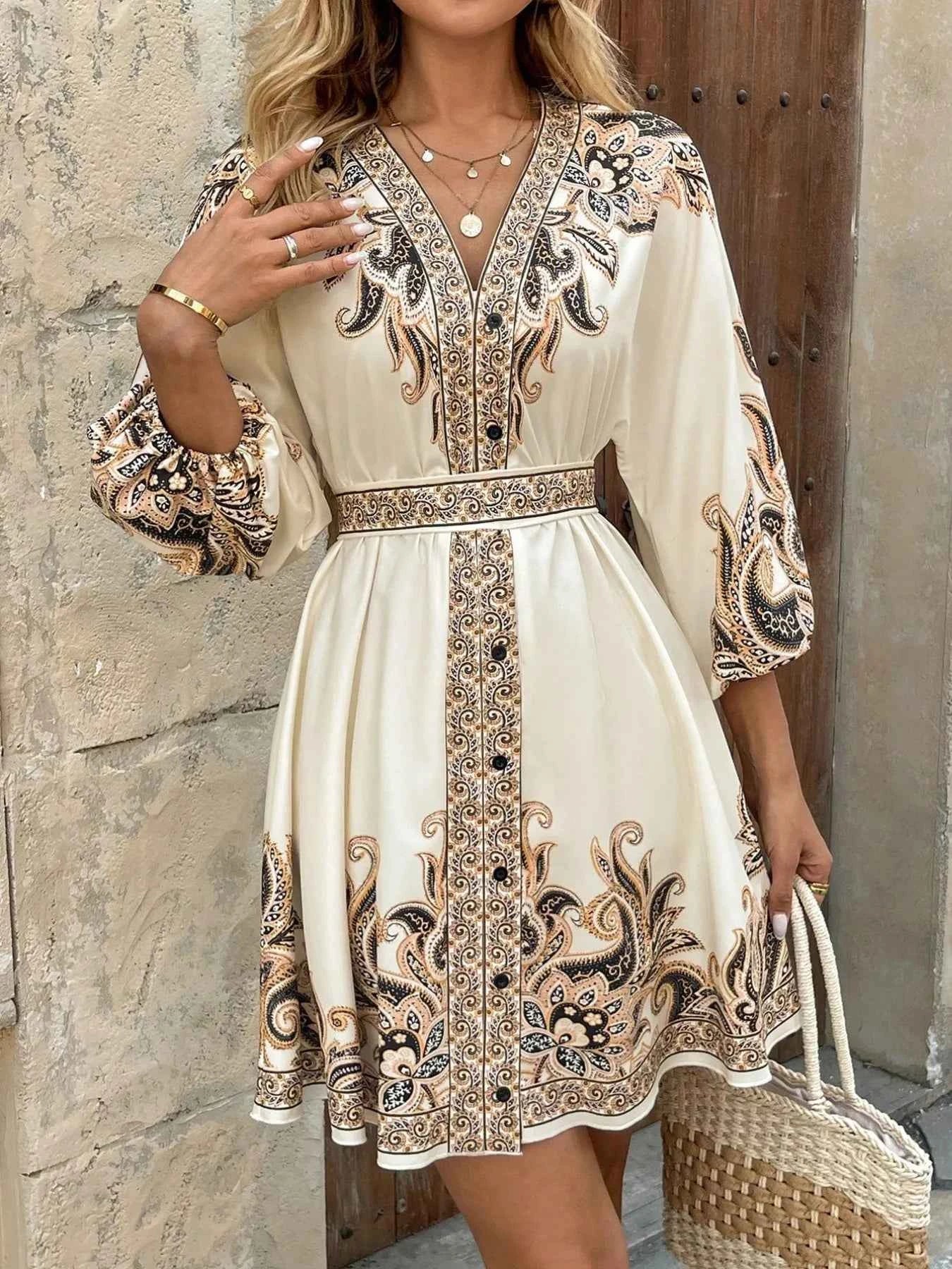 Printed V-Neck Balloon Sleeve Mini Dress