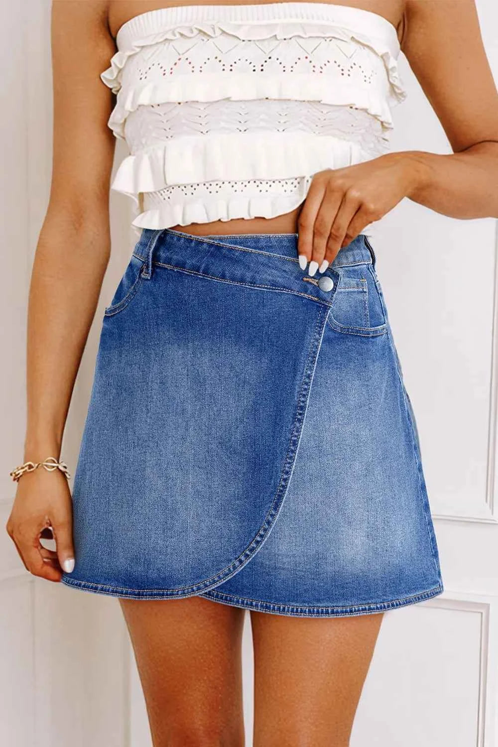 Wrapped Crossed Waist Denim Mini Skirt