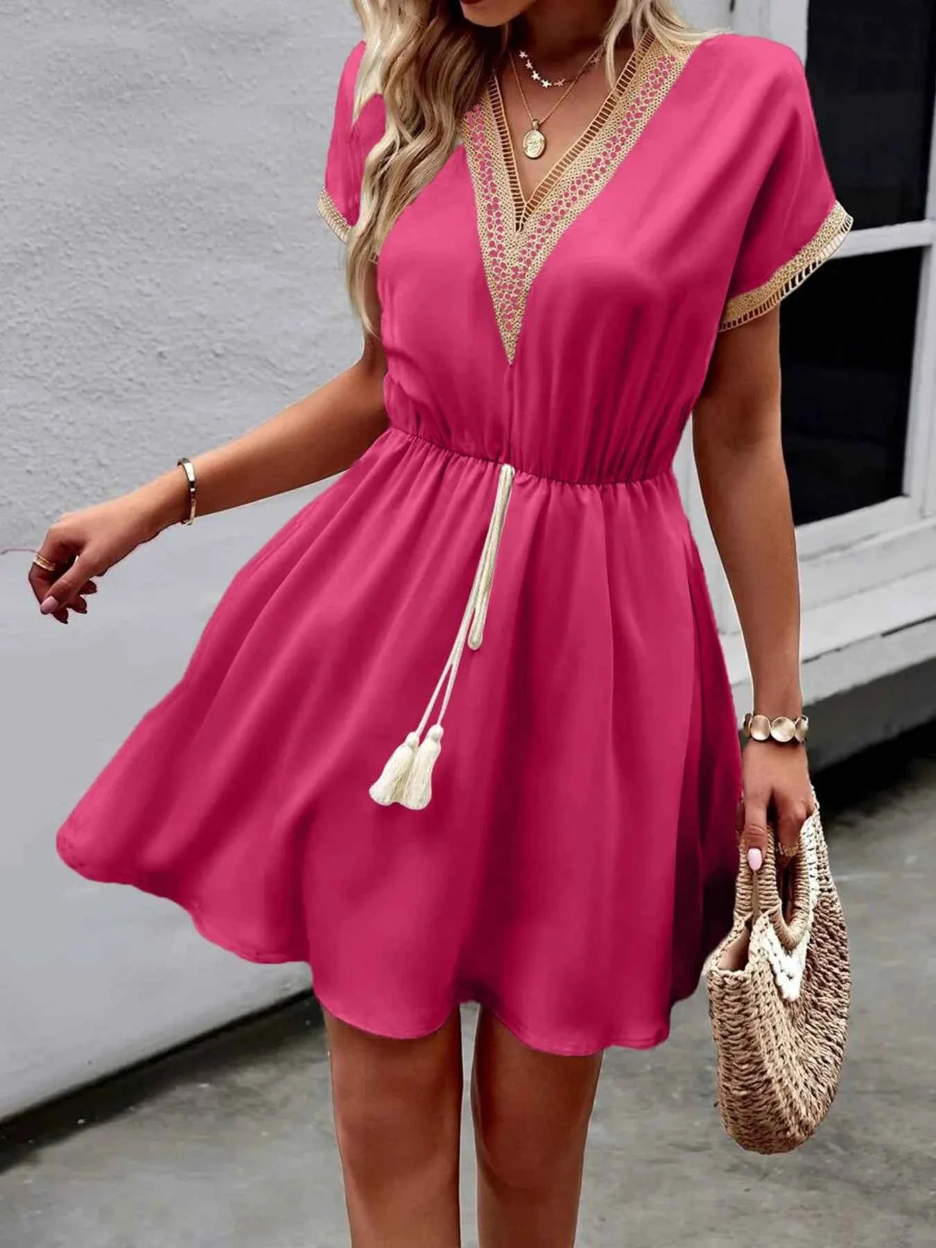 V-Neck Short Sleeve Mini Dress