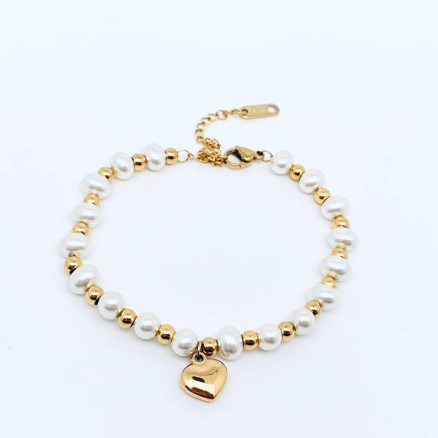 Stainless Steel Heart Pendant Pearl Beaded Bracelet - FGS