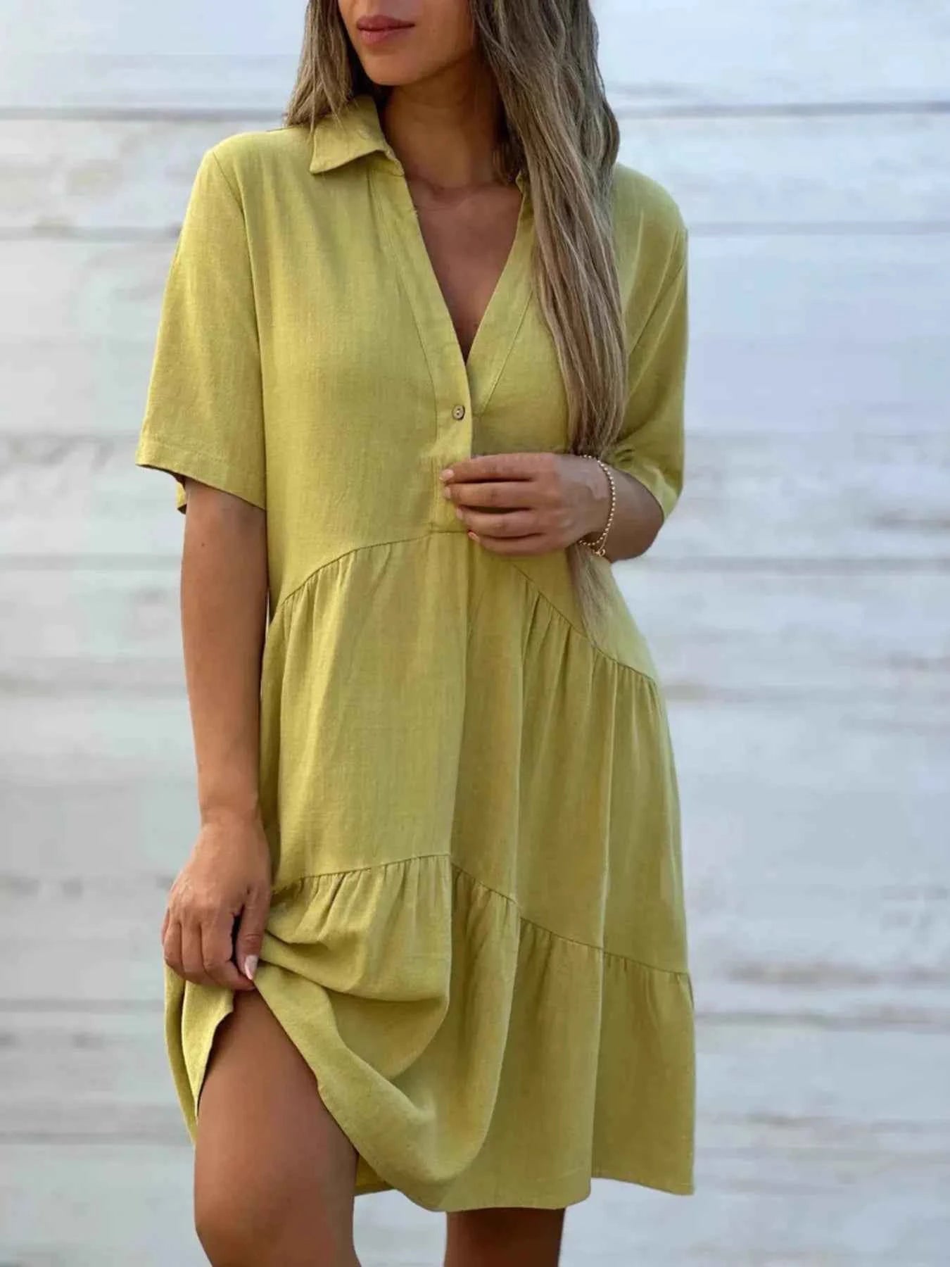 Full Size Tiered Button-Front Short Sleeve Dress Plus Size