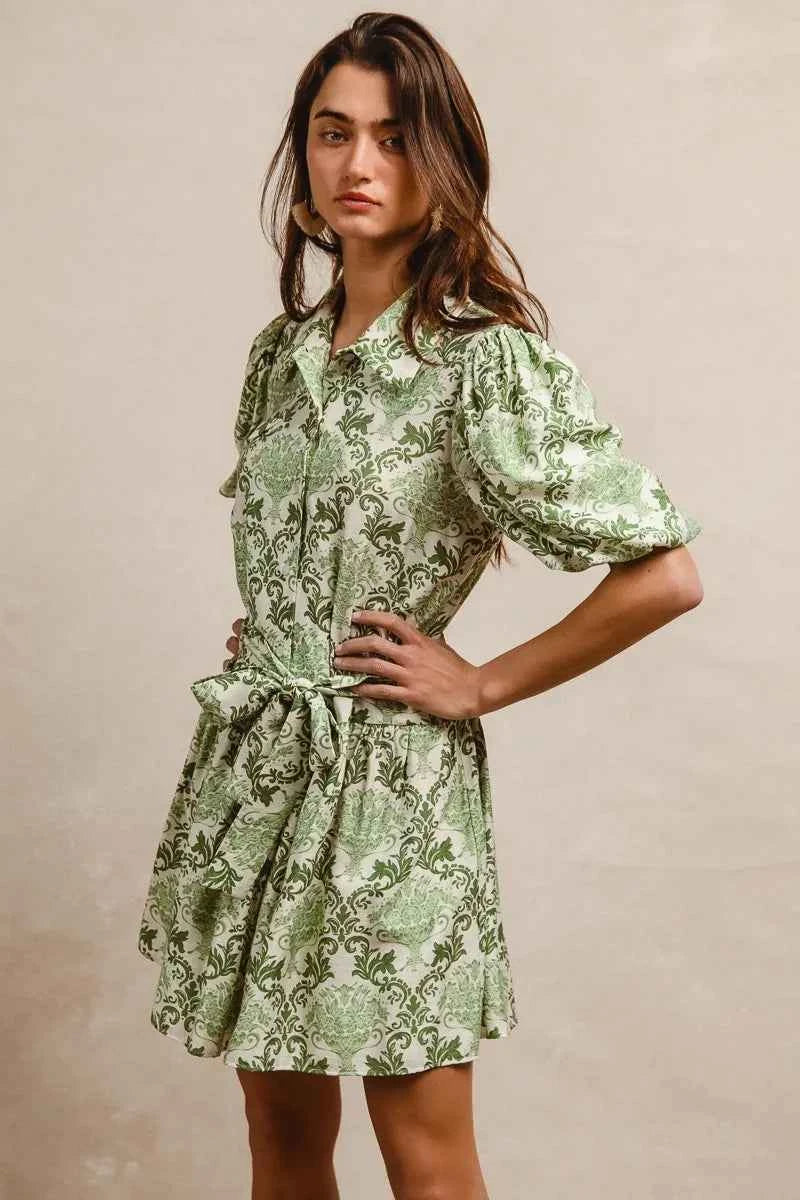 BiBi Tied Floral Short Sleeve Mini Shirt Dress