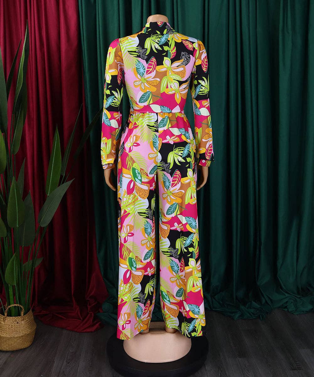 Vibrant Printed Two-Piece Lapel Lace-Up Shirt Wide-Leg Pant Suit