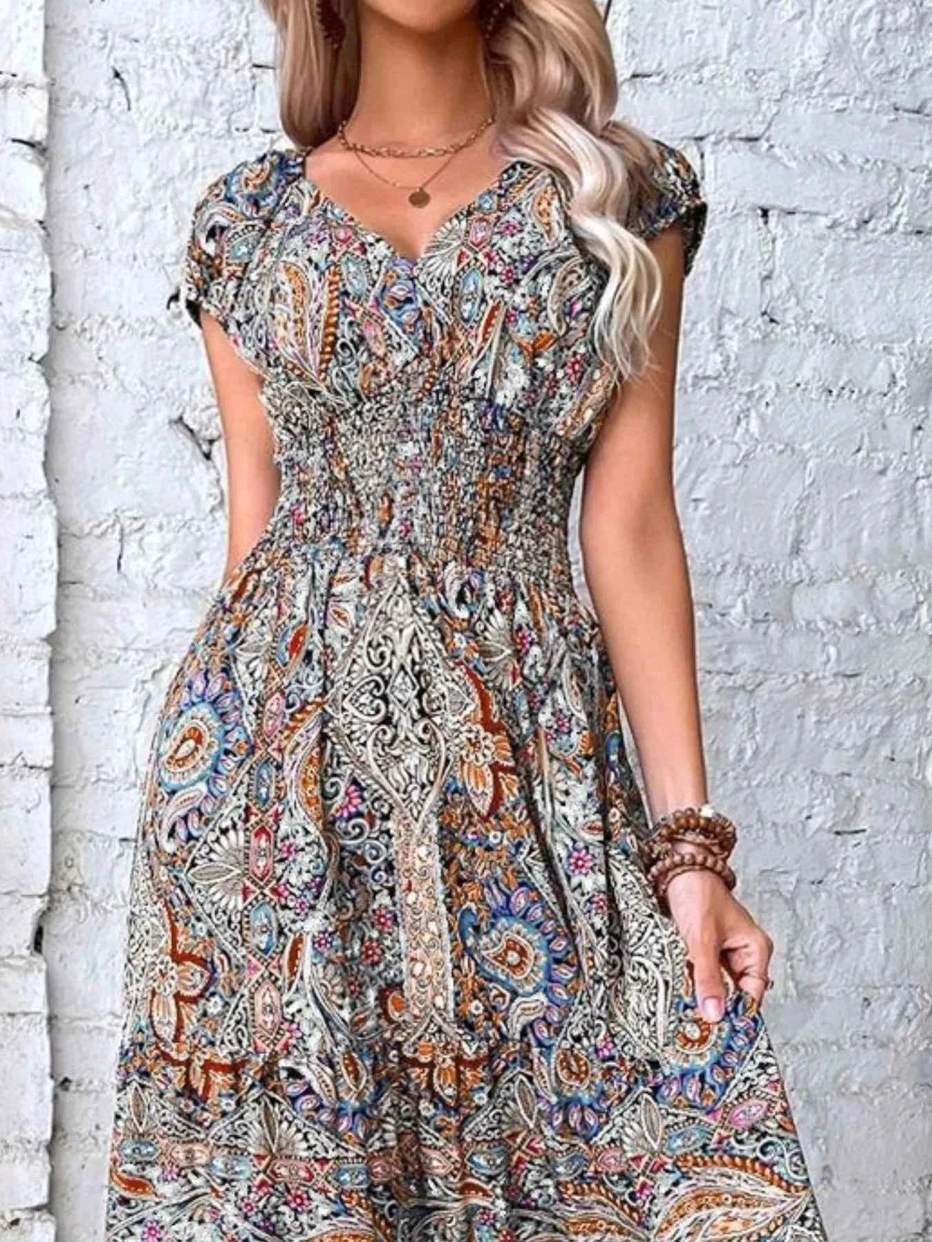 Plus Size Printed V-Neck Short Sleeve Midi Dress